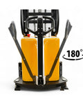 Heavy Duty Semi Electric Pallet Stacker Blasts 2204 Pounds Up To 138 Inches With Slim Legs And Reinforced Steel Forks shown from the front.