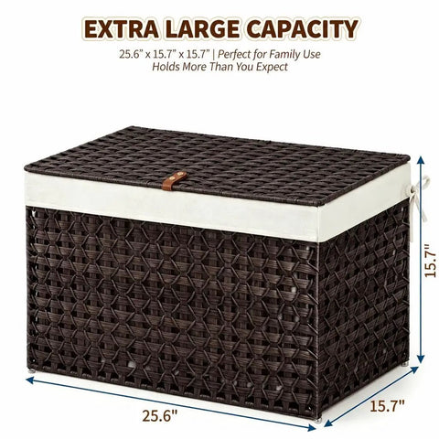 Massive Wicker Storage Basket With Lid, 104 Liter Rattan Blanket Box Holds A Ton Of Gear, Heavy Duty Home Organizer for family use.