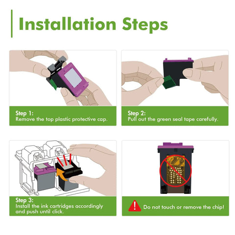 Installation steps for 64XL Black And Tri Color Ink Cartridges Replacement For Envy Photo Printers showing how to insert cartridges