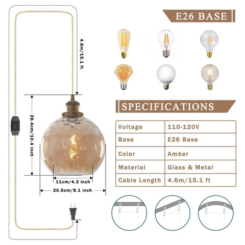 Specifications of Plug In Pendant Light With Dimmable Switch And Blue Glass Hammered Globe Shade For Dining Room Kitchen Island And Bedroom Dope Farmhouse Vibe Hanging Light Fixture On Cord Six Candle Style