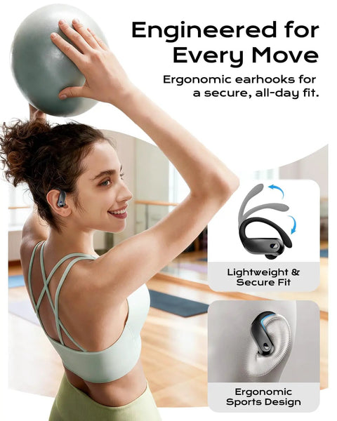 Bluetooth 5.4 Wireless Earbuds With Secure Ear Hooks for Running and Workouts, woman exercising with earbuds, ergonomic design
