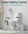 Heavy Duty Toilet Safety Rail With Arms Providing Top Shelf Bathroom Support, white frame next to toilet in modern bathroom.