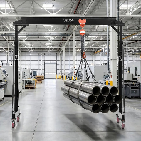 Height Adjustable Gantry Crane 5000 Lbs Capacity lifting steel pipes in industrial workspace with manual trolley and casters.