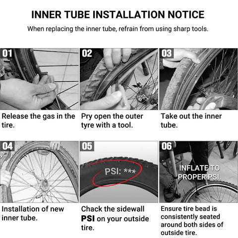 Instructional image for installing 'Two Pack 12 Inch Inner Tubes For Kids Bikes Fits Most 12 Inch Wheels From 1.75 To 1.95 Wide Thick Butyl Rubber BPA Free Latex Free Premium Quality Cushioned Ride For A Smooth Safe Everyday Spin' highlighting steps to replace a bike tube.