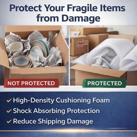 Image comparing unprotected and protected fragile items in boxes using Real Deal EPE Foam Roll 12 By 131 Ft Thick Protective Cushioning Material.