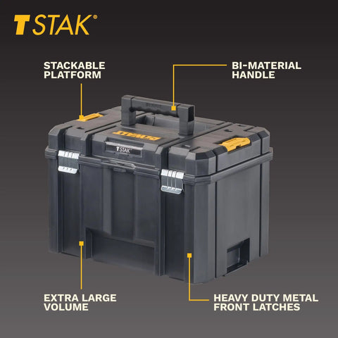 Front view of Extra Large TSTAK Tool Box With Removable Tray For Quick Tool Access And Water Debris Resistant Build Grab And Go Ready Portable