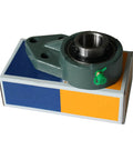 Rock Solid Three Bolt Cast Iron Pillow Block Flange Bearing with double sealed ABEC unit on packaging, showing precise bore for heavy machinery.