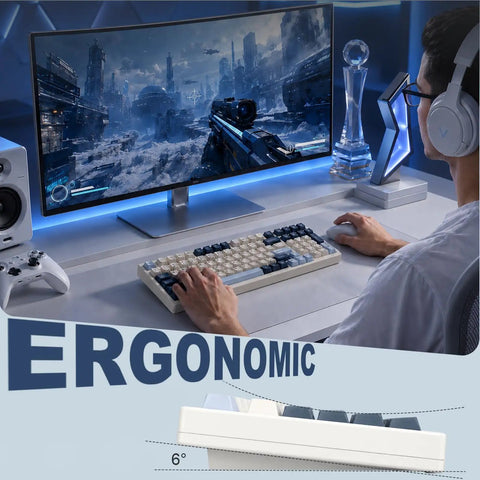 Game Ready Mechanical Keyboard Featuring Slick Tri Mode Wireless Bluetooth And 2.4GHz Setup For Lag Free Multi Device Pairing And A Rock Solid USB C Wired Backup For Gamers on a desk with a gaming monitor.