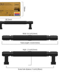 Heavy Duty Matte Black Knurled Cabinet Pulls, Five Inch Center To Center, Ten Pack Slick Modern Drawer Handles For Kitchens, Easy Install No Fuss Top Shelf Metal Hardware close-up with measurements