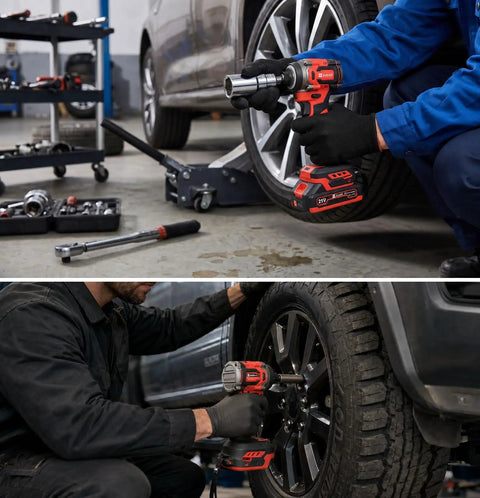 Top Shelf 21V Brushless Cordless Drill And Impact Driver Combo in use for vehicle tire installation in a garage.