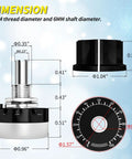 Dope 10K Potentiometer With A03 Knob And Dial For Inverter Speed Control Single Turn Carbon Film Rotary Potentiometer 10K Ohm 300 Degree Travel 6mm Shaft 9mm Thread 1.6 By 1.5 Inch Body For Motor Speed Regulation. Dimensions diagram showing 6mm shaft, 9mm thread, knob, and 1.57-inch dial.