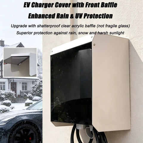 Heavy Duty All Weather EV Charger Cover And Rugged Metal Wall Mount Enclosure Rust Proof Shield For Electric Vehicle Stations Plus Top Tier Outdoor Protector Box with front baffle, protecting against rain and snow.