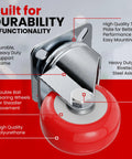 Four Pack 2 Inch Red Polyurethane Swivel Caster Wheels Square Plate Mount showing high quality durable design and heavy-duty frame.
