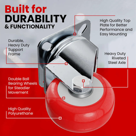 Four Pack 2 Inch Red Polyurethane Swivel Caster Wheels Square Plate Mount showing high quality durable design and heavy-duty frame.