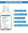 Phosphate Buffered Saline Solution PBS Buffer 1X Sterile 0.1 Micron Filtered 500 mL For Rock Solid Lab Performance In Sample Washing Buffer Exchange And General Solution Preparation, 500 mL bottle