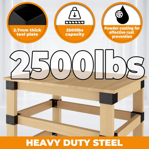 Heavy Duty Workbench Bracket Kit 12 Pc Three Way Right Angle Corner Braces For DIY Built To Last For Standard 2x4 Lumber Actual One And A Half By Three And A Half Inches Steel Frame Building Plates For Workbench Table Shelving Garage Storage image showing workbench with steel brackets supporting 2500lbs capacity.