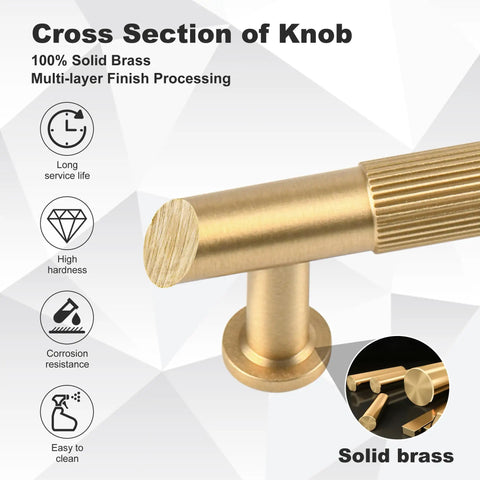 Top Tier Solid Brass Cabinet Pulls Brushed Matte Gold Furniture Hardware Seven And A Half Inch Long Drawer Knobs Heavy Duty slick finish cross section showing solid brass material.