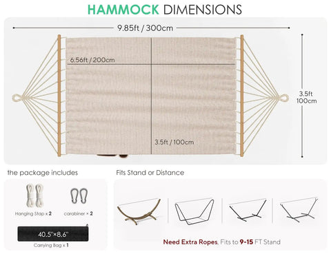 Dimensions of Two Person Double Hammock With Oversized Spreader Wooden Bar And Side Storage For Outdoor And Indoor Use.