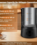 4 In 1 Milk Frother And Steamer For Hot And Cold Foam, 11.8 oz Capacity, displayed with volume measurements and features text.