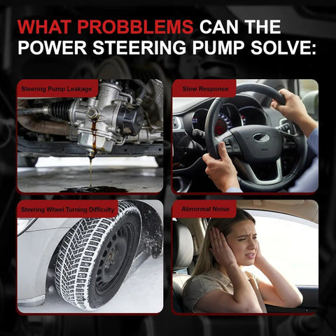 Issues solved by Straight Up Plug And Play Power Steering Pump: leakage, slow response, turning difficulty, and noise.