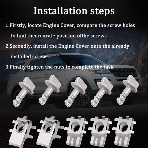 Installation steps for Five Pairs Engine Cover Retainers And Shield Thumb Pins With Screws And Nuts Replacement Clips