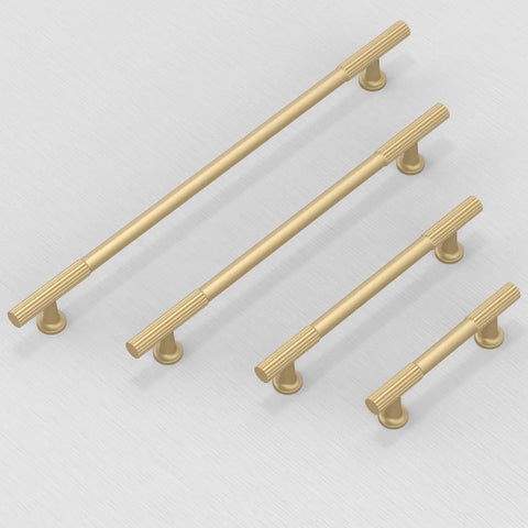 Pro Grade Brushed Gold Cabinet Pulls And Drawer Handles 5 Inch Center To Center Kitchen Hardware with ribbed design.