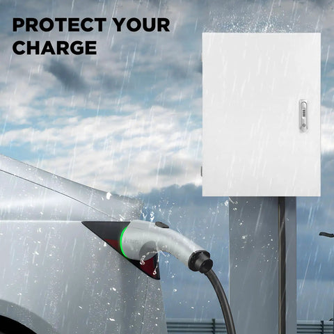 Top Shelf EV Charger Protection Box Built Tough For Indoor And Outdoor Use All Weather Wall Mount Case with silver EV plug.