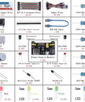 Totally Solid Electronics Component Kit With Power Supply Module And Jumper Wires, 480 Pcs on display, labeled components