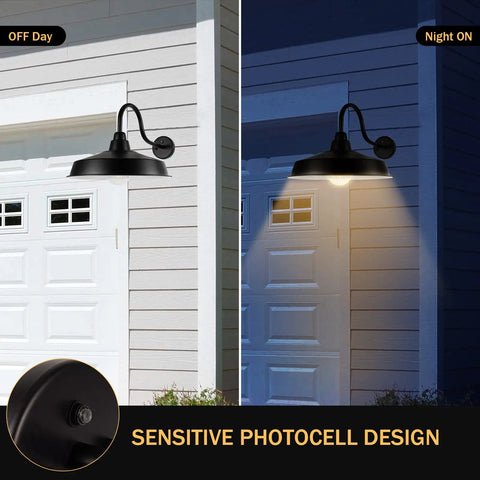 Black Dusk To Dawn Outdoor Barn Light 16 Inch Dome Exterior Wall Mount Fixture demonstrating day and night sensor function.