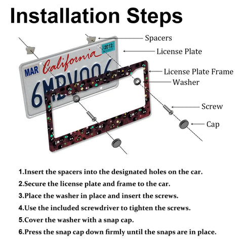 Installation steps for Dope Anime Style Aluminum License Plate Frame For Cars Black Soot Sprites Theme shown with spacers and screws.