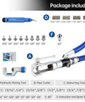 Package contents of Pro Grade Handheld Hydraulic Flaring Tool Kit For 3/16 To 7/8 Inch Copper Tubing with swaging tools and accessories.