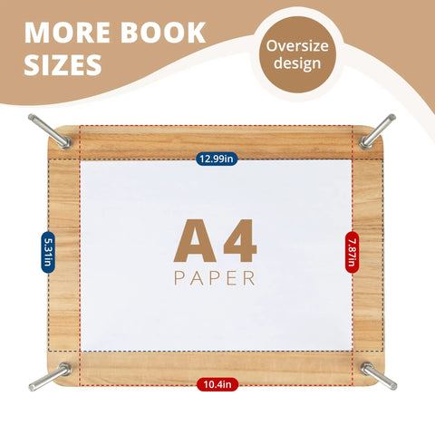 Wooden Book Press For Binding And Craft Projects Large 14.7 By 11.4 Inch Press showing A4 paper size and dimensions overlay