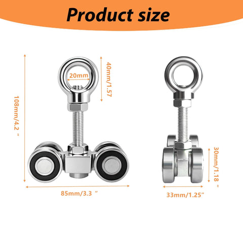 Front and side view of Four Wheel Silent Trolley Rollers Assembly For Strut Channel Fits 1-5/8 Inch with M10 bolt, dimensions shown.
