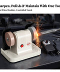 Solid Dual Wheel Bench Grinder And Compact Polishing Rig With Copper Motor Blade Sharpener Tool Honer in use sharpening a blade.