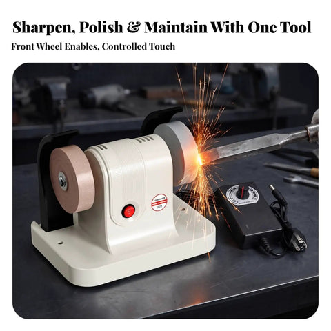Rock Solid Dual Wheel Workbench With Integrated Grinding Station White Compact Corded Shop Table in use sharpening a tool.