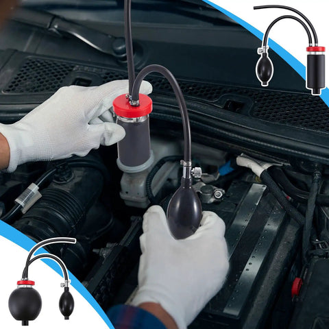 2 Piece Universal Automotive Smoke Machine Intake Adapter Rapid Leak Detection For Engine Seals Quick Diagnose, red silicone adapters in use.