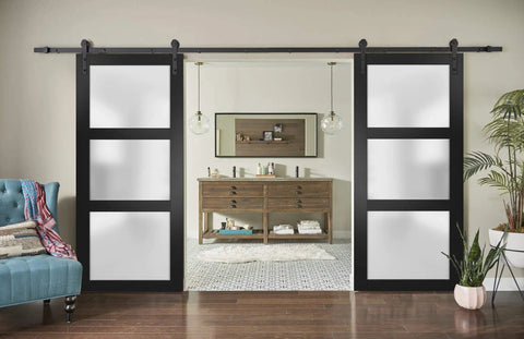 Knockout Double Barn Doors Featuring Frosted Glass Panels And A Slick Matte Black Finish Full Hardware Kit Included For Hassle Free Installation In Chic Living Rooms Or Primary Bedrooms.
