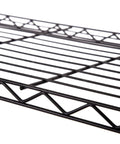 Close-up of black steel wire shelving rack shelf, part of Heavy Lifting Five Tier Steel Wire Shelving Rack With Slick Rolling Wheels No Sweat Tool Free Assembly Thirty By Fourteen By Sixty Inches Garage Storage.