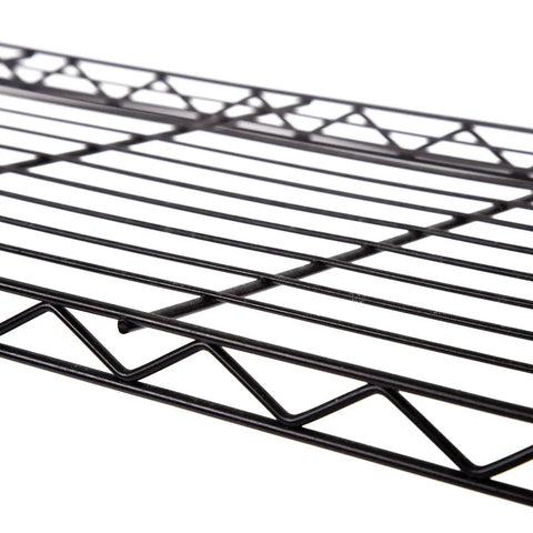 Close-up of black steel wire shelving rack shelf, part of Heavy Lifting Five Tier Steel Wire Shelving Rack With Slick Rolling Wheels No Sweat Tool Free Assembly Thirty By Fourteen By Sixty Inches Garage Storage.