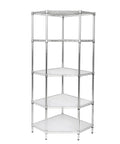 Solid Five Tier Corner Shelf With Sleek Chrome Finish And Fully Adjustable Heights Featuring Clear Protective Liners For Zero Sweat No Tool Assembly And Clean Space Saving Storage That Really Slaps In Any Room, showcasing five open tiers.