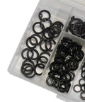 Beefy 300 Pack Black Carbon Steel Spring Split Lock Washers Set For Nuts And Bolts in assorted sizes in organizer tray