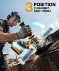 Tough As Nails Five Inch Cordless Angle Grinder Built For 20 Volt Battery Packs With Zero Fluff Heavy Duty Brushless Motor in use with cushioned side handle.