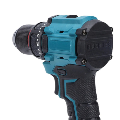 Heavy Duty Brushless Cordless Drill Kit Featuring A Badass 3/8 Inch Keyless Metal Chuck And 25 Position Clutch For Nasty Jobs And Durable Performance Straight Up Built For Every Home Reno Project, showcasing a close-up of the drill's brushless motor and control settings.