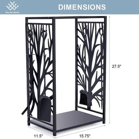 Compact Firewood Rack And Four Tool Set For Fireplace, with decorative tree design, brush, and shovel, size 15.75 W x 11.5 D x 27.5 H