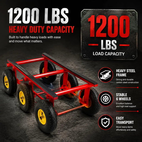 Heavy Duty 1200 Lbs All Terrain Dolly With Six 10 Inch Inflatable Tires, carbon steel frame and six wheels for heavy loads.