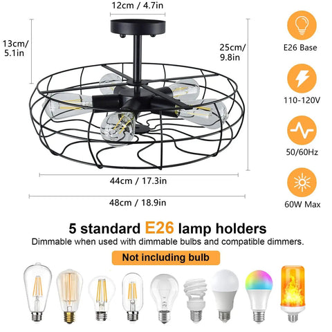 Five Light Industrial Ceiling Light With Rustic Wire Cage In Oil Rubbed Bronze Farmhouse Semi Flush Mount details and dimensions