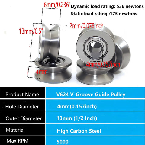 20 Pack Mini V Groove Ball Bearings Pulleys 4x13x6mm display of high carbon steel pulleys with 4mm hole and 13mm outer diameter.