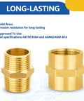 Close-up of Four Pack Brass Pipe Fittings Set With Two One Inch Male Adapters And Two One Inch Female Adapters Hex Nipples NPT