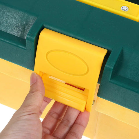 Heavy Duty Plastic Handheld Toolbox With Rugged Ergonomic Handle For Storing Hardware And Gear Making The Daily Grind Easy Around The Home Garage Or Job Site - close-up of secure latch mechanism being operated.