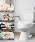 Heavy Duty Toilet Safety Rails For Seniors Offering 500 Pound Load Capacity Made From Thick Carbon Steel Bathroom Assist Frame With Rock Solid Standing Support beside a toilet with various users.